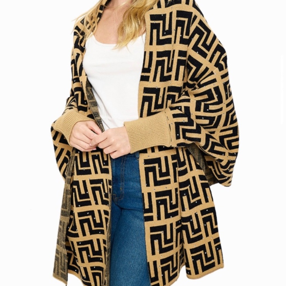 Maze Print Bling Crystal Rhinestone Accent Shawl